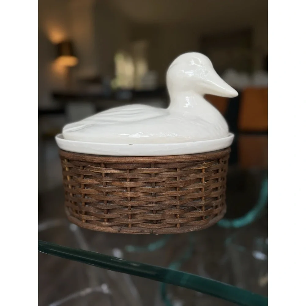 Vintage‎ French Chef Gourmet Cookware Duck on Basket Nest Covered Casserole Dish